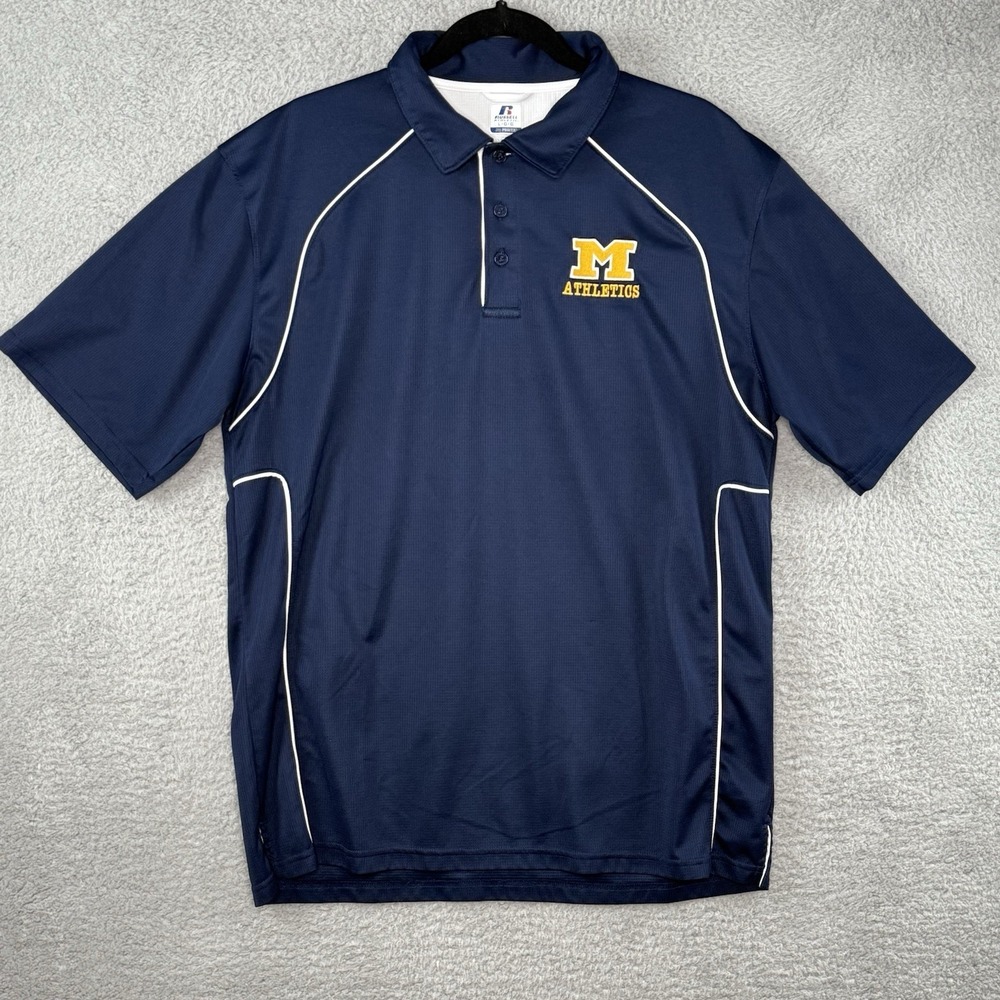 University of Michigan Athletics Polo Shirt Mens L Wolverines Navy Blue Russell